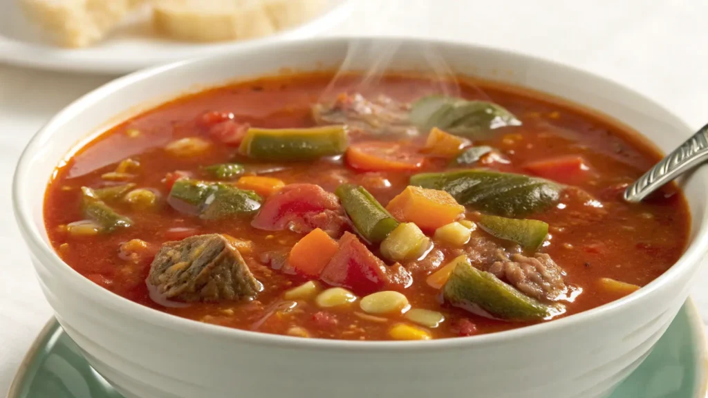 A Close Up Of A Bowl Of Campbell S Pepper Pot Soup