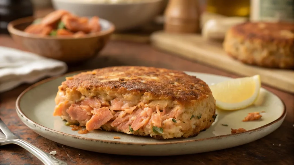 A Close Up Of A Salmon Patty On A Plate Thick And