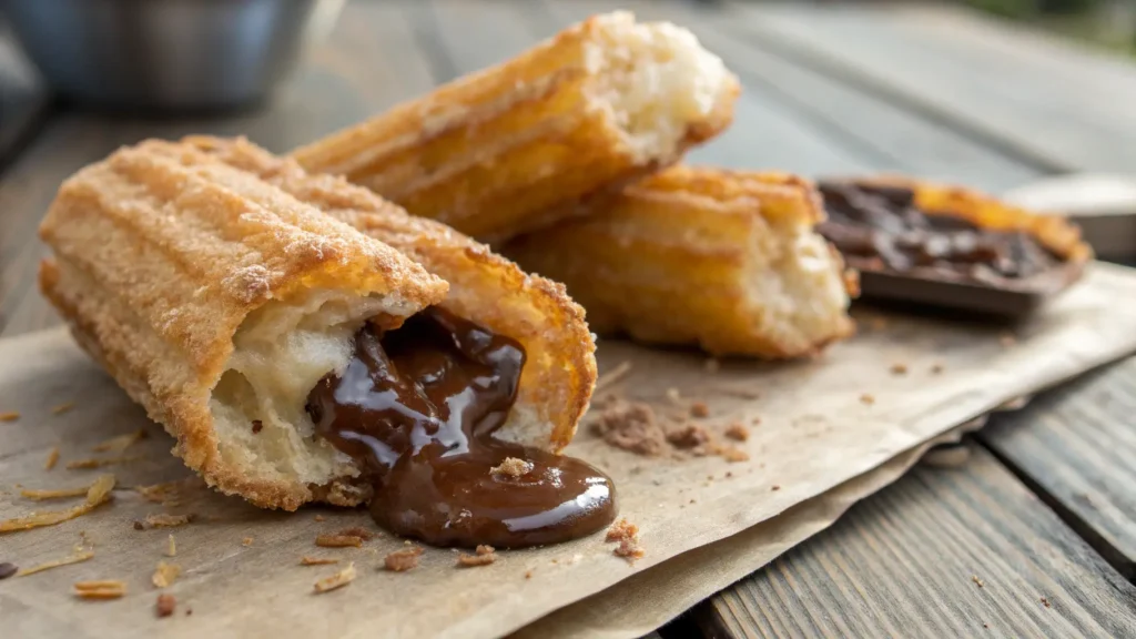 A Golden Churro Cut In Half Oozing With Creamy Ch