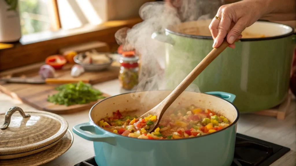 A Hand Stirring A Pot Of Chow Chow Relish During T