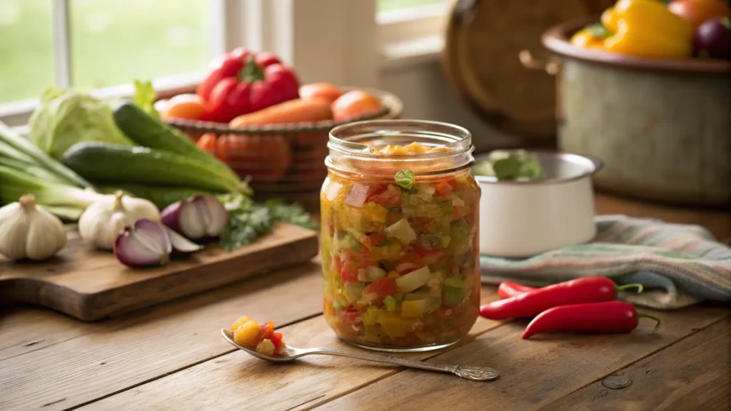 A Rustic Glass Jar Filled With Colorful Amish Chow