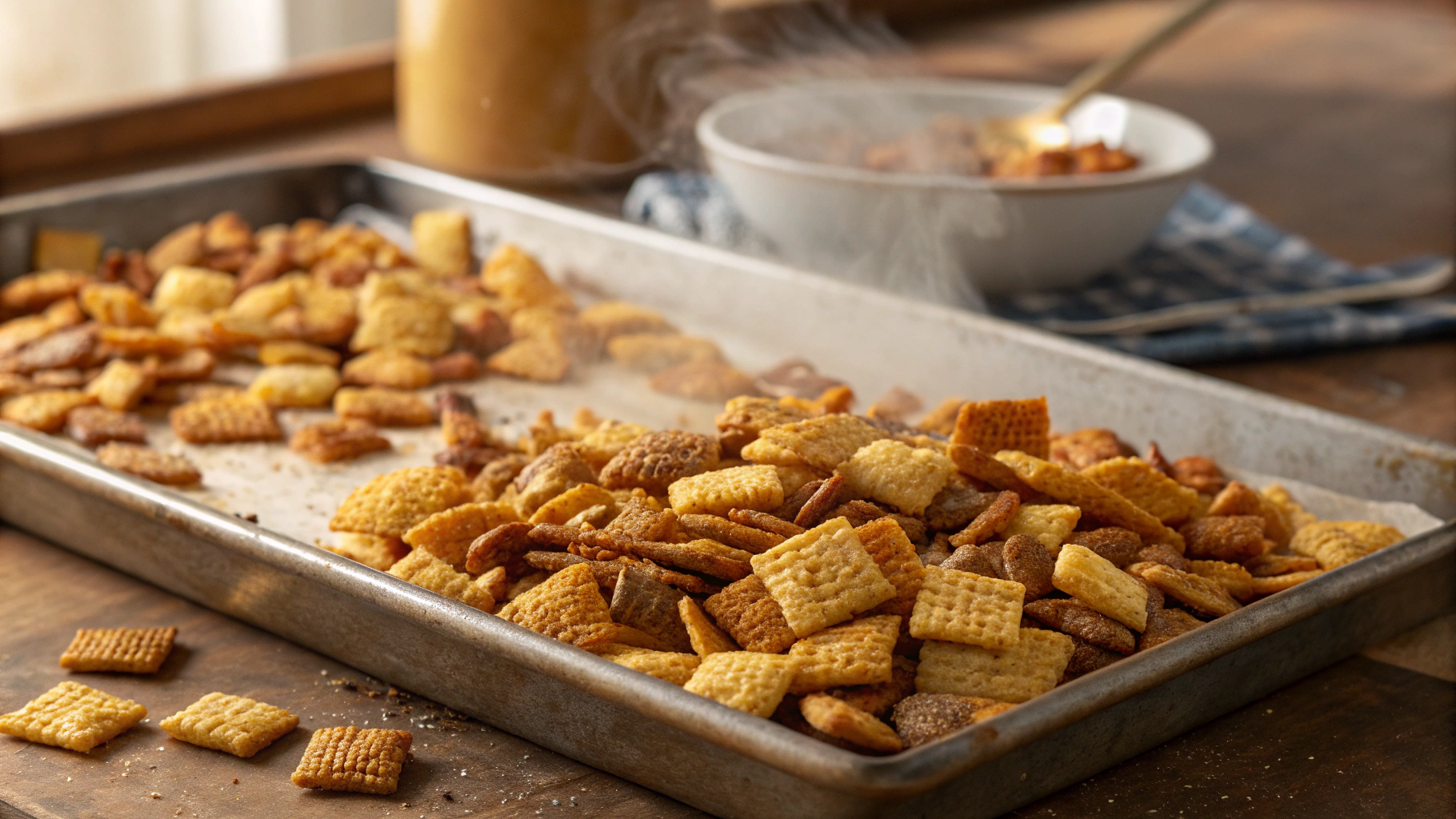 Close Up Of A Golden Crispy Homemade Chex Mix On
