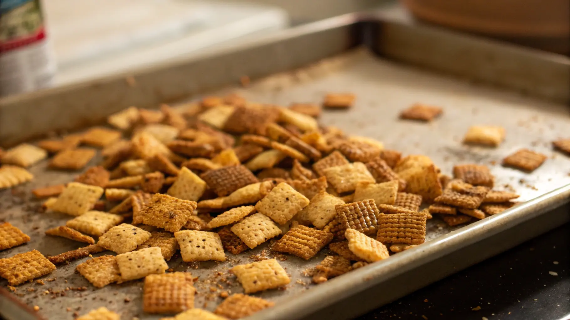 Close Up Of Individual Pieces Of Chex Mix Laid Out