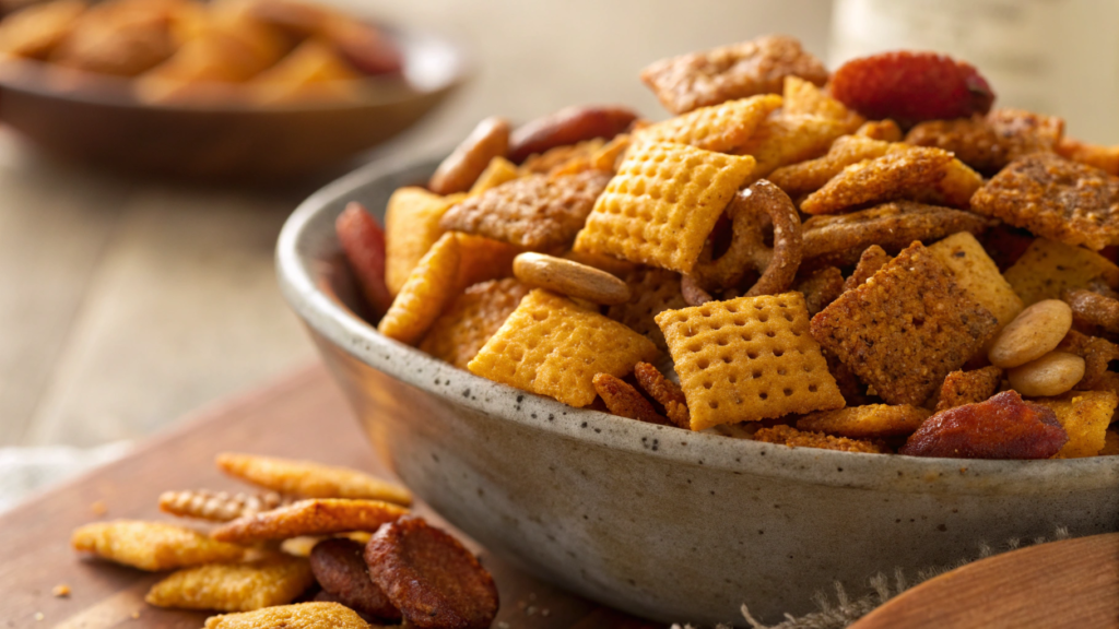 Extreme Close Up Of A Handful Of Chex Mix With Vi