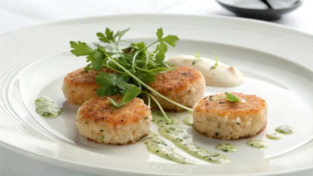 Gourmet Salmon Croquettes On A White Ceramic Plate