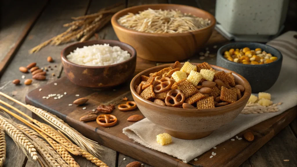 Homemade Chex Mix In Rustic Kitchen Setup Wooden