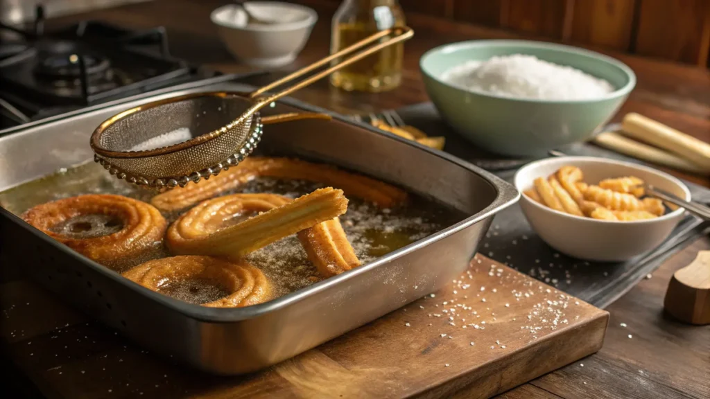 Homemade Churros Being Piped Into Hot Oil In A Rus