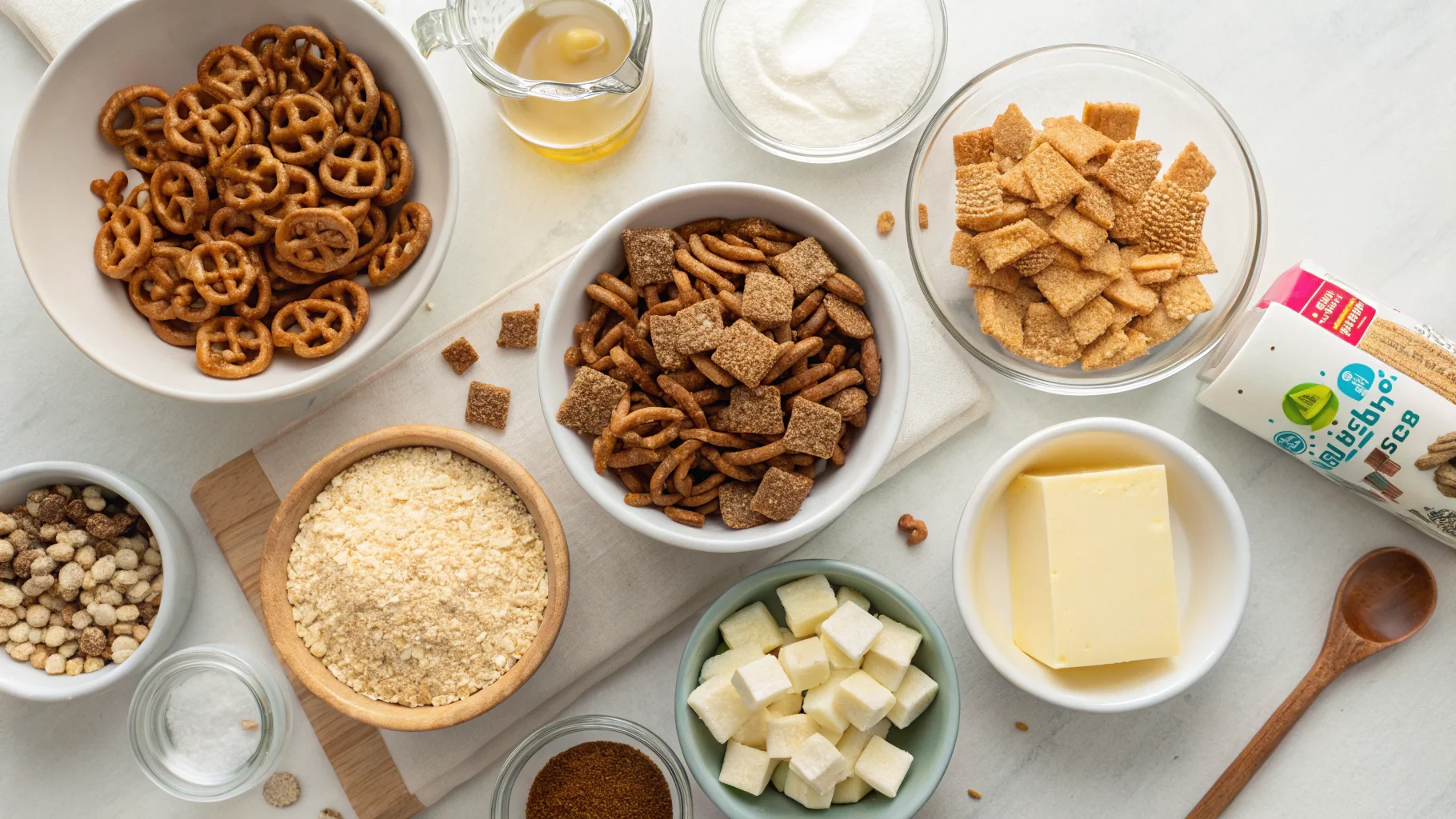 Ingredients For Homemade Chex Mix Laid Out Cereal (1)
