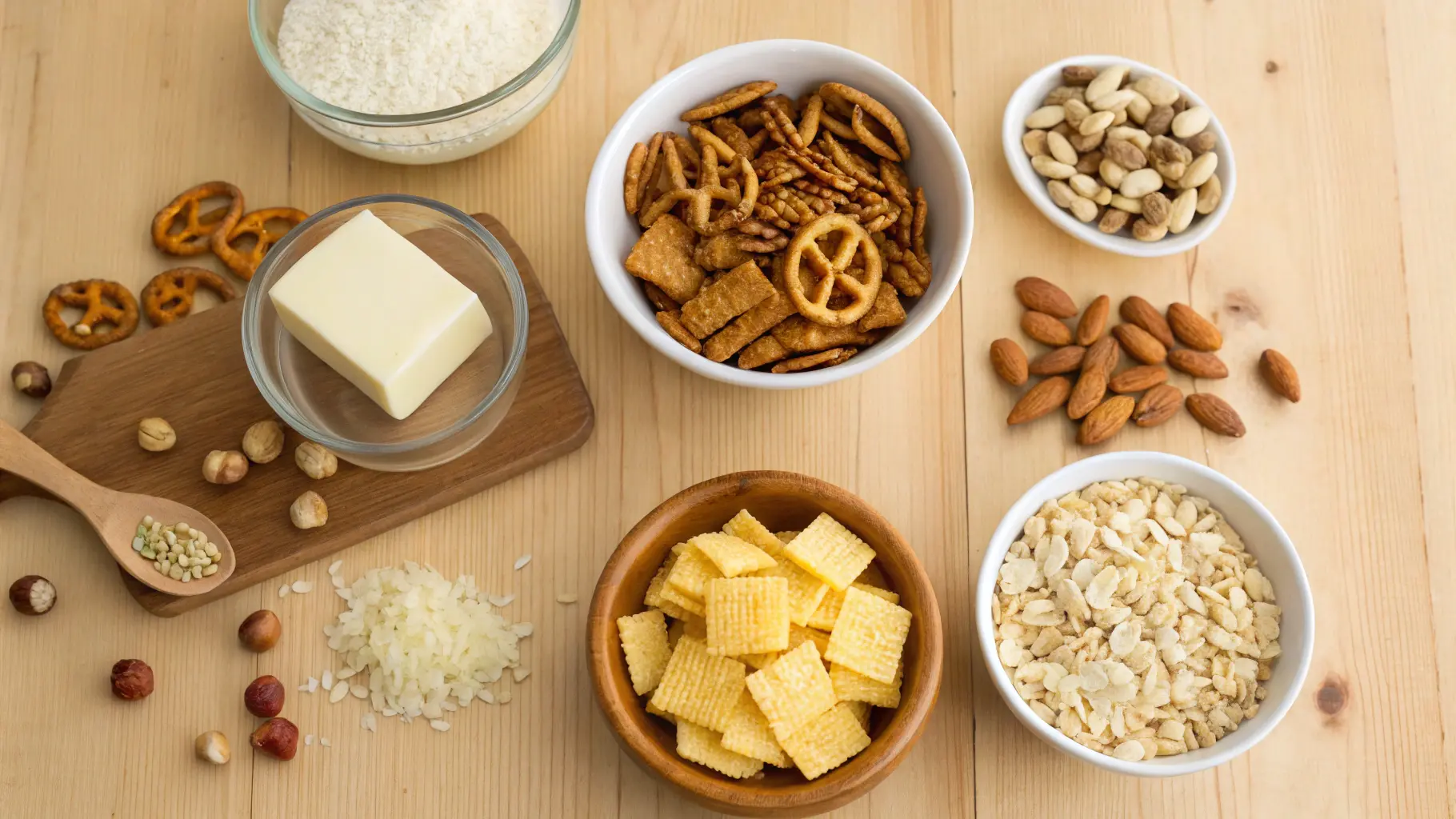 Op Down View Of Chex Mix Ingredients Laid Out On A (1)